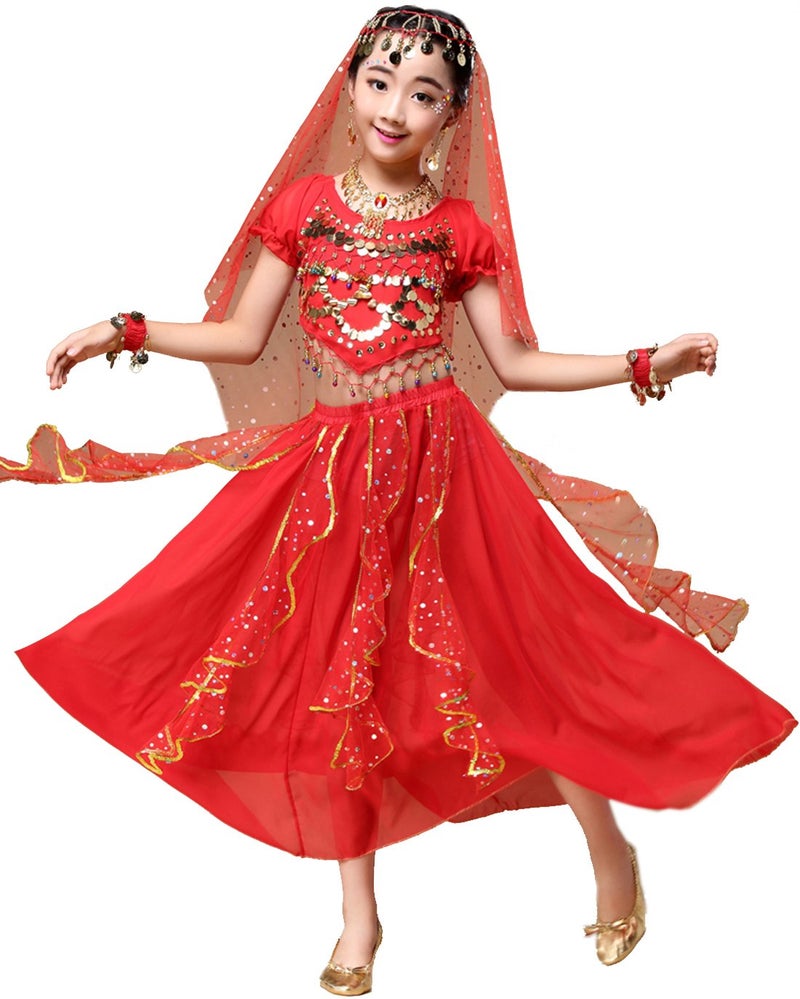 Astage Girl Belly Dance Sequin Indian Dance Costume Halloween Wear Red S(6Y-8Y) - Image 1